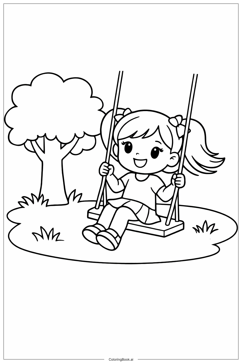  女孩公园秋千填色页 