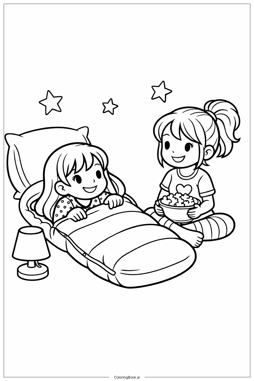  女孩睡衣派对场景填色页 