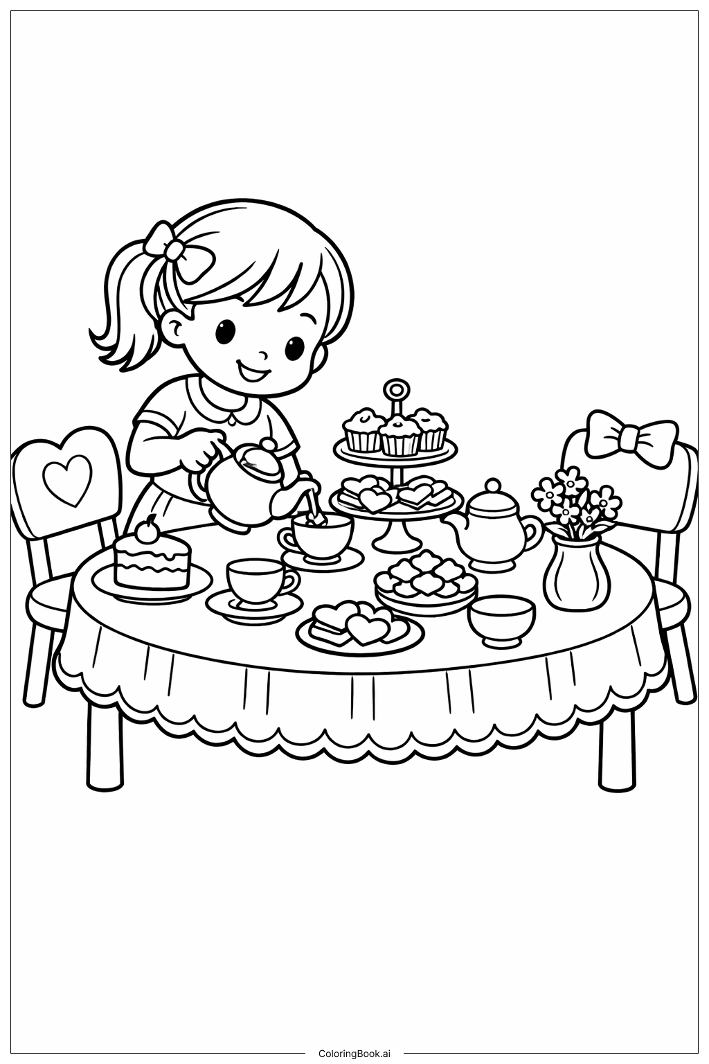  女孩茶话会桌填色页 