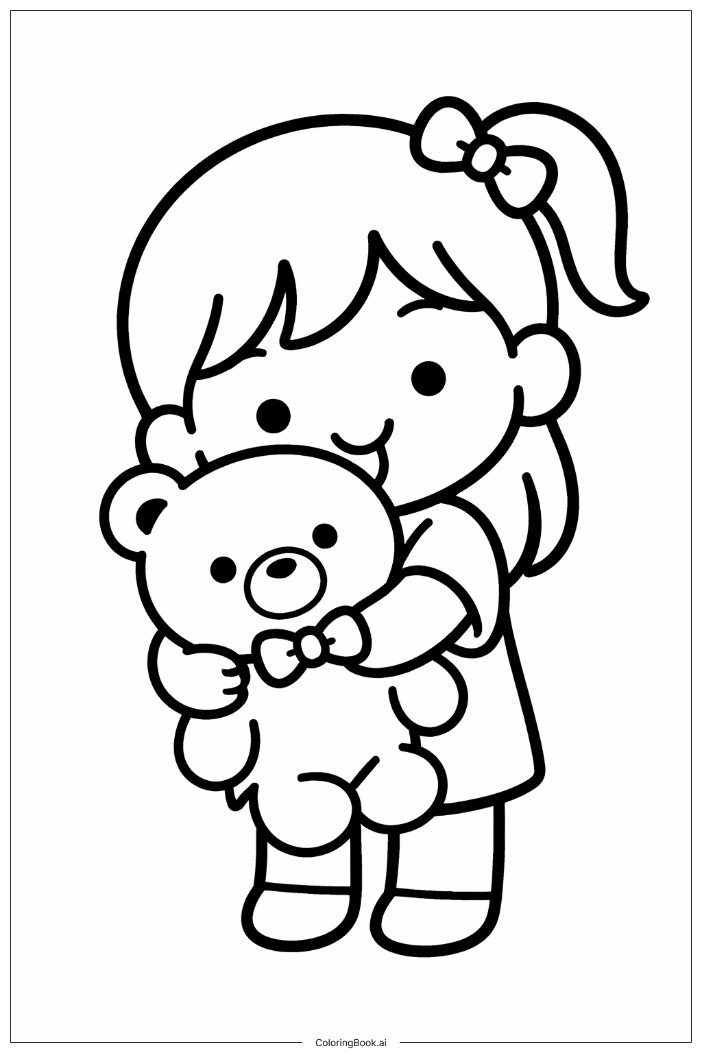  可爱女孩拥抱泰迪熊填色页 