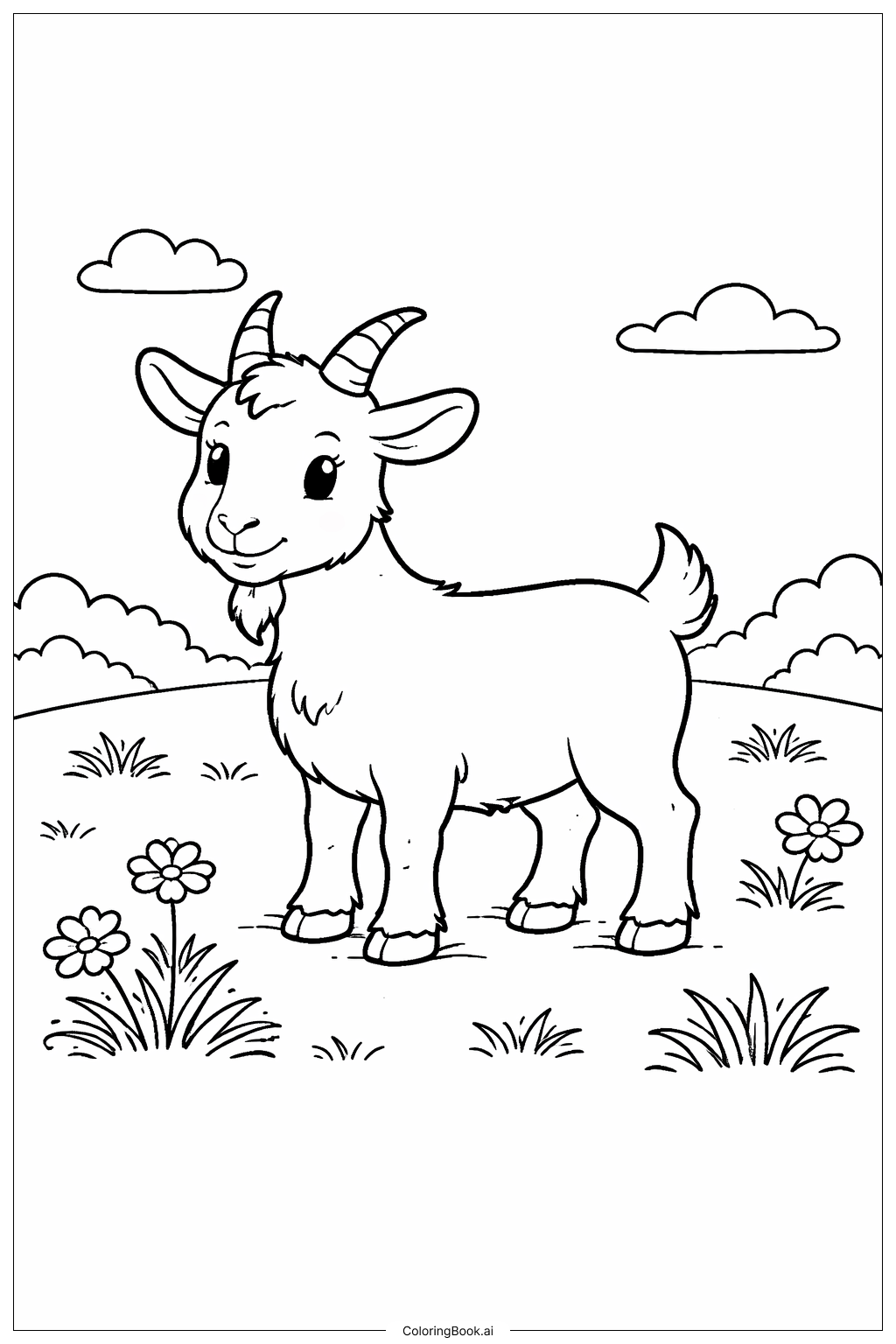  Página para colorear de Cabra en Prado con Flores 