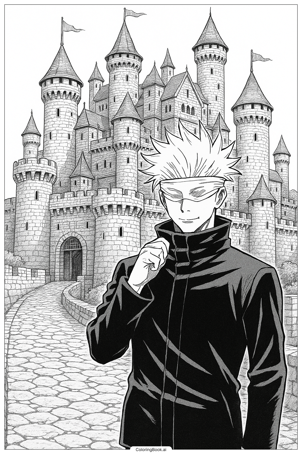  Página para colorear de Gojo en un castillo 