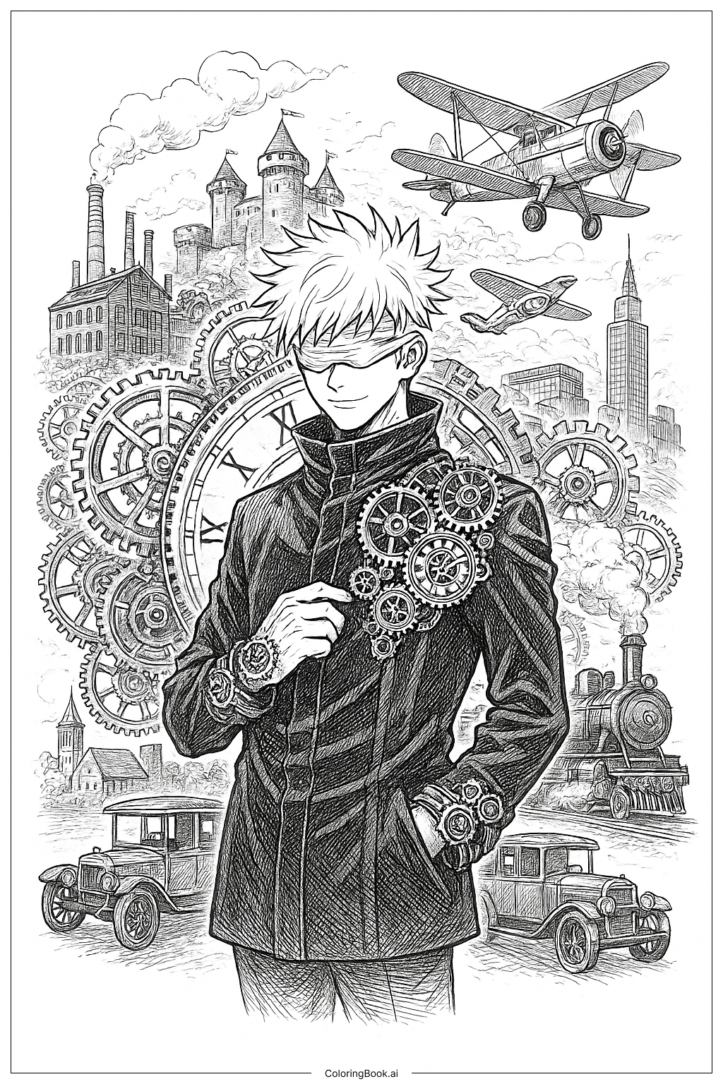  Página para colorear de Escena del Viajero del Tiempo Gojo 