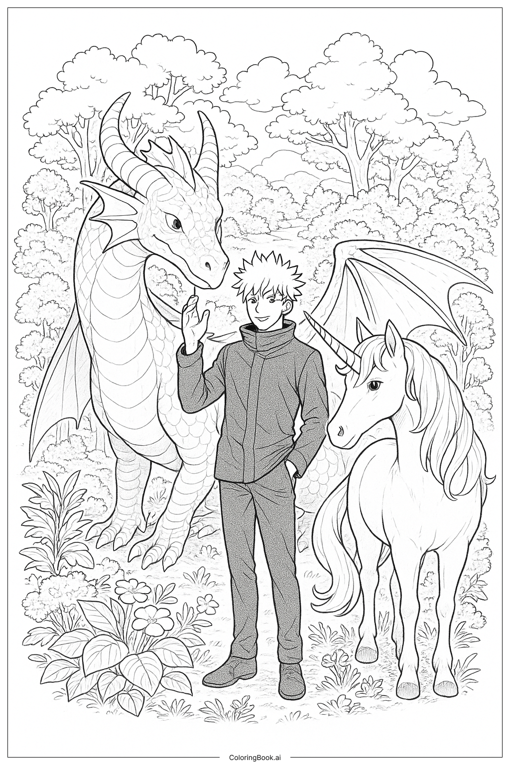 Página para colorear de Gojo con Criaturas Míticas