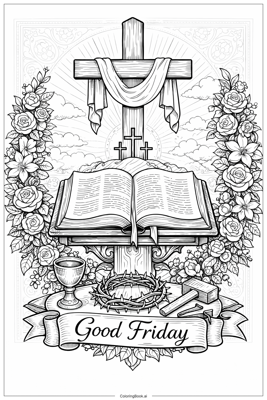  聖金曜日の聖書と十字架のディスプレイの塗り絵ページ 