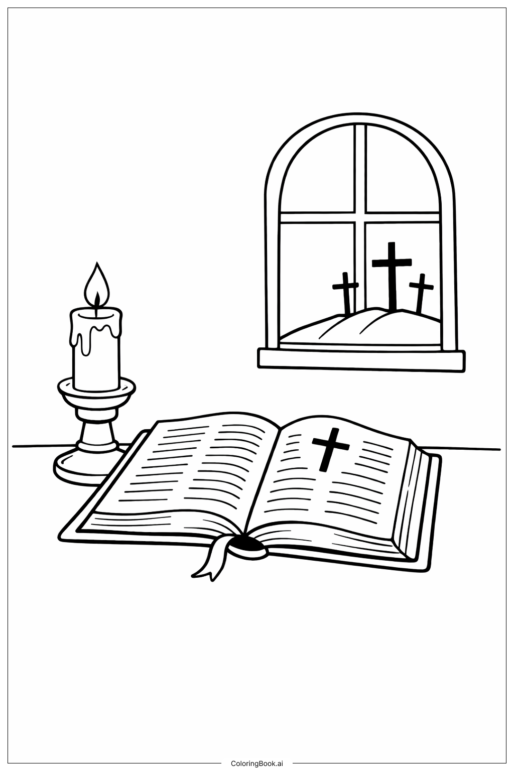  机の上のグッドフライデー聖書の塗り絵ページ 