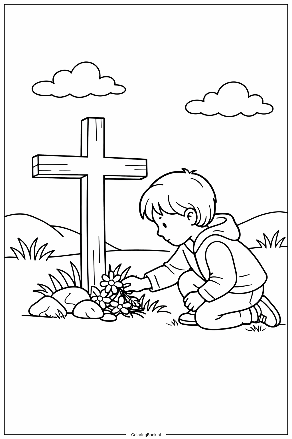  グッドフライデーに子供が花を置くの塗り絵ページ 