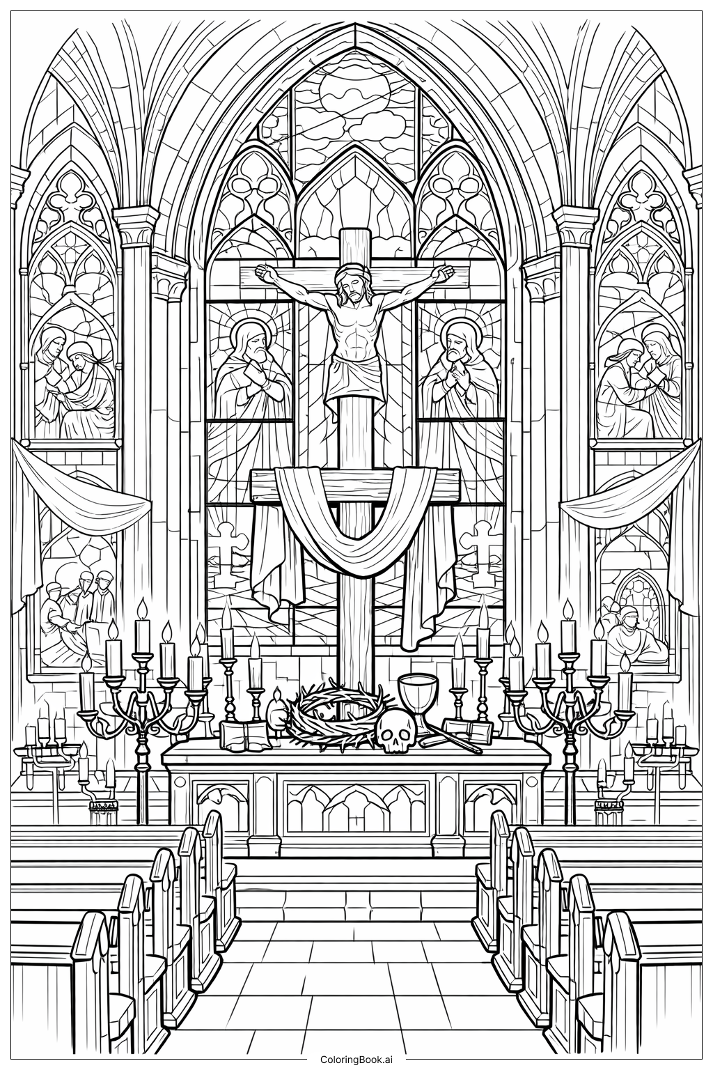  聖金曜日の教会内部の様子の塗り絵ページ 
