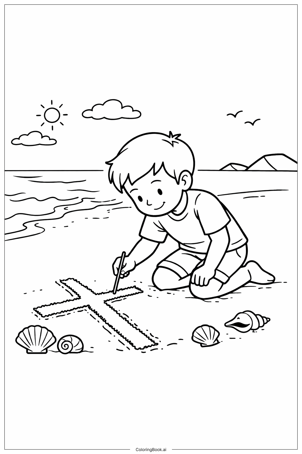  砂の上のグッドフライデーの十字架の塗り絵ページ 