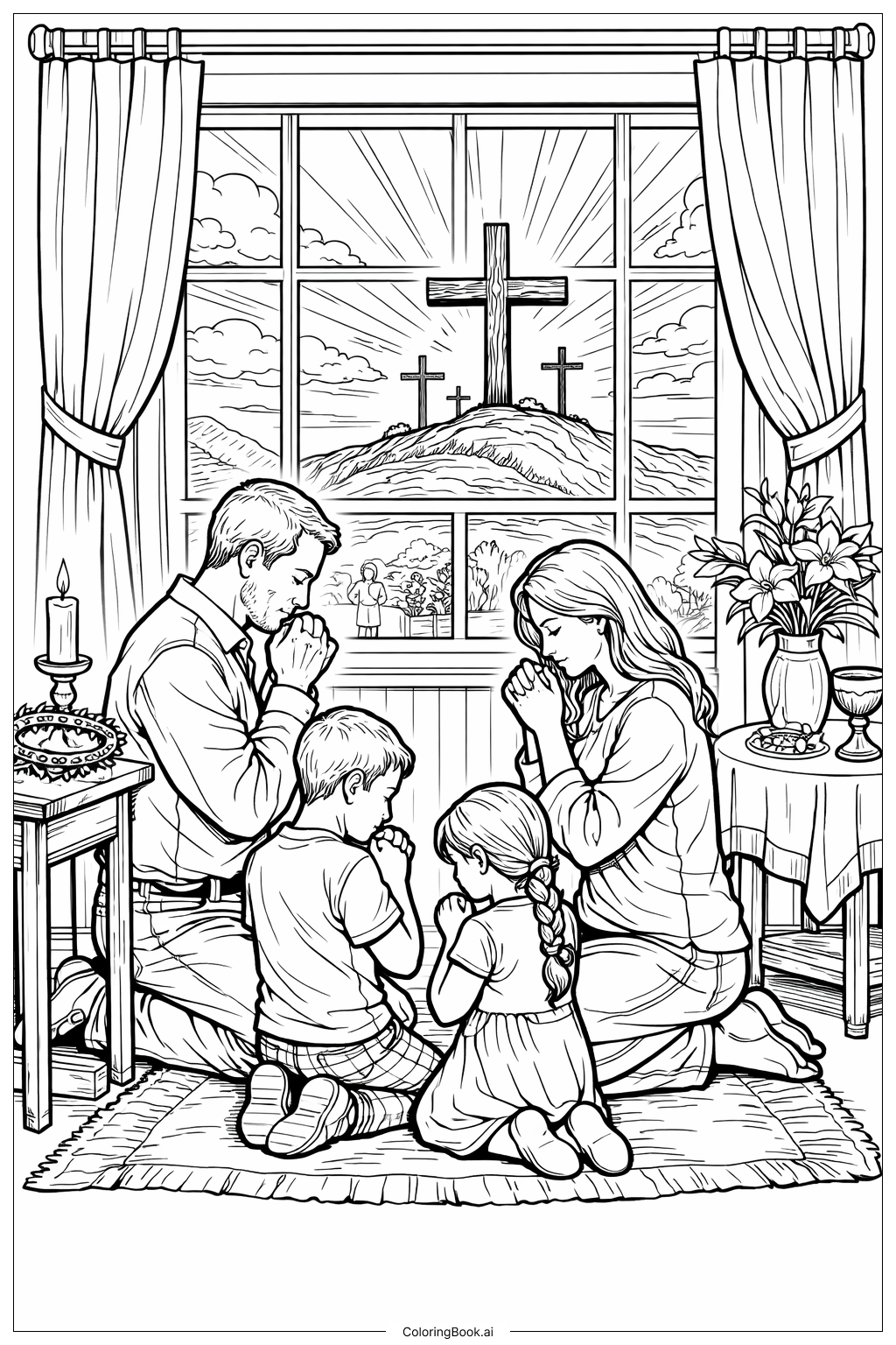  窓辺で祈る家族の聖金曜日の塗り絵ページ 