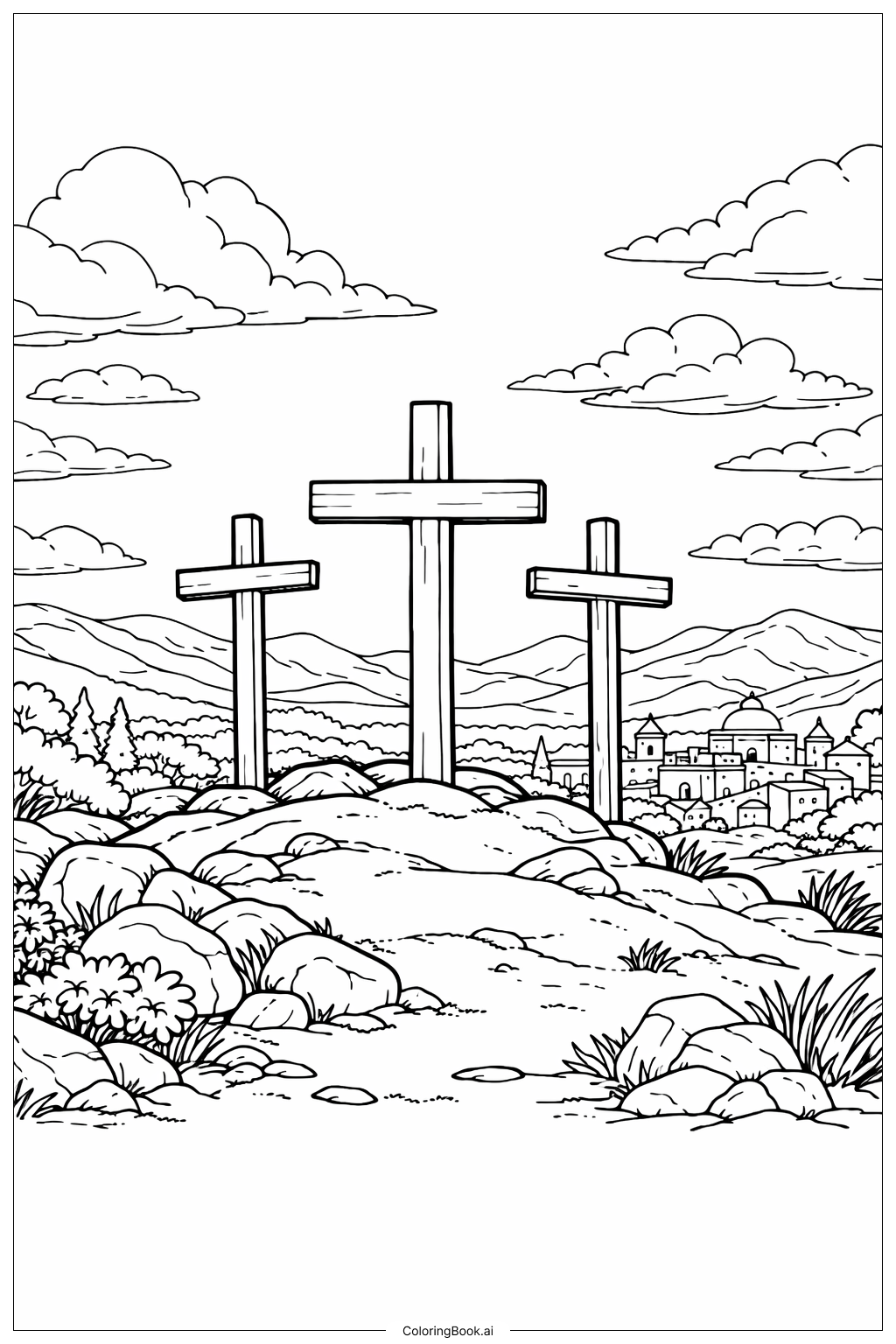  三つの十字架があるグッドフライデーヒルの塗り絵ページ 