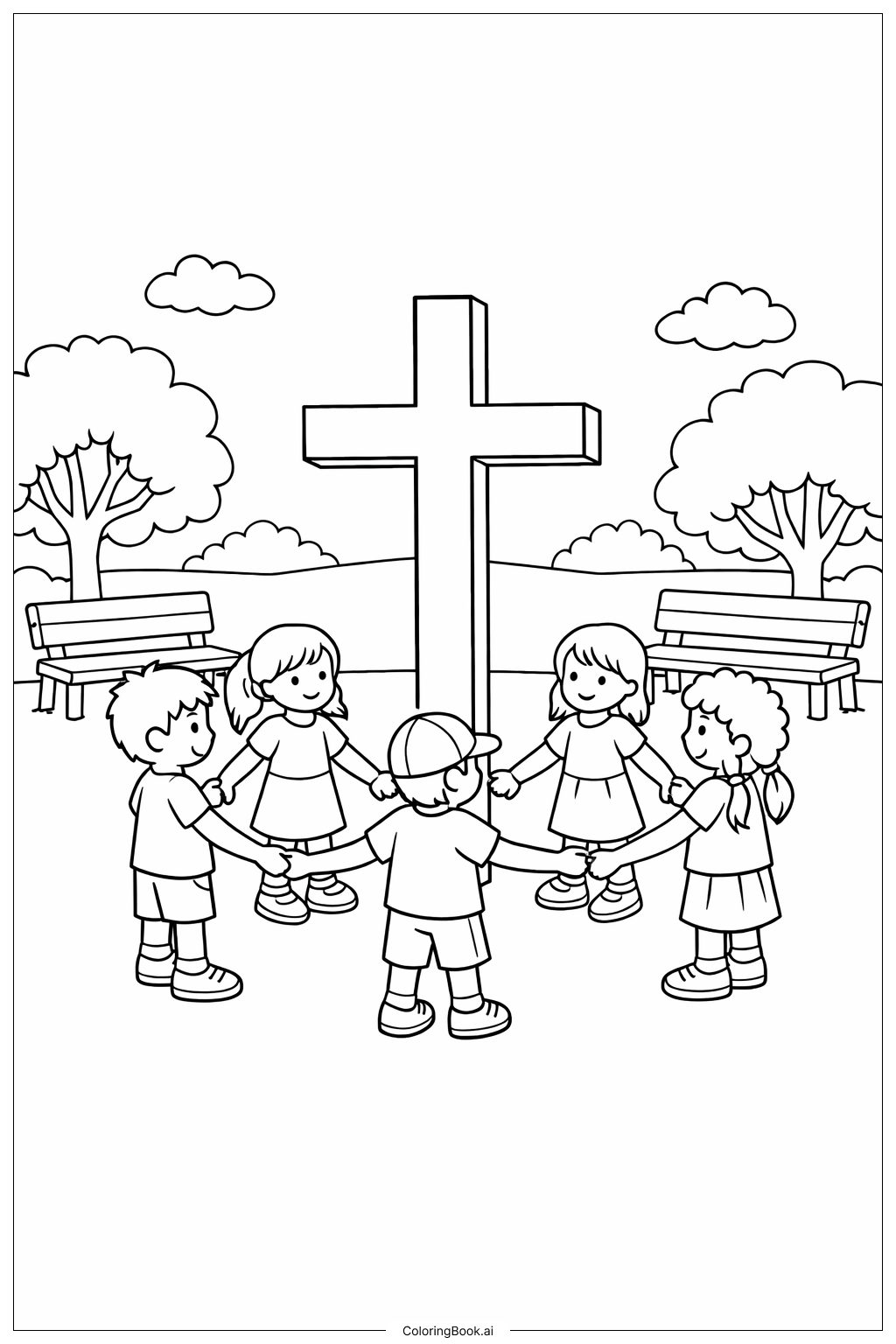  十字架の周りの子供たち（グッドフライデー）の塗り絵ページ 