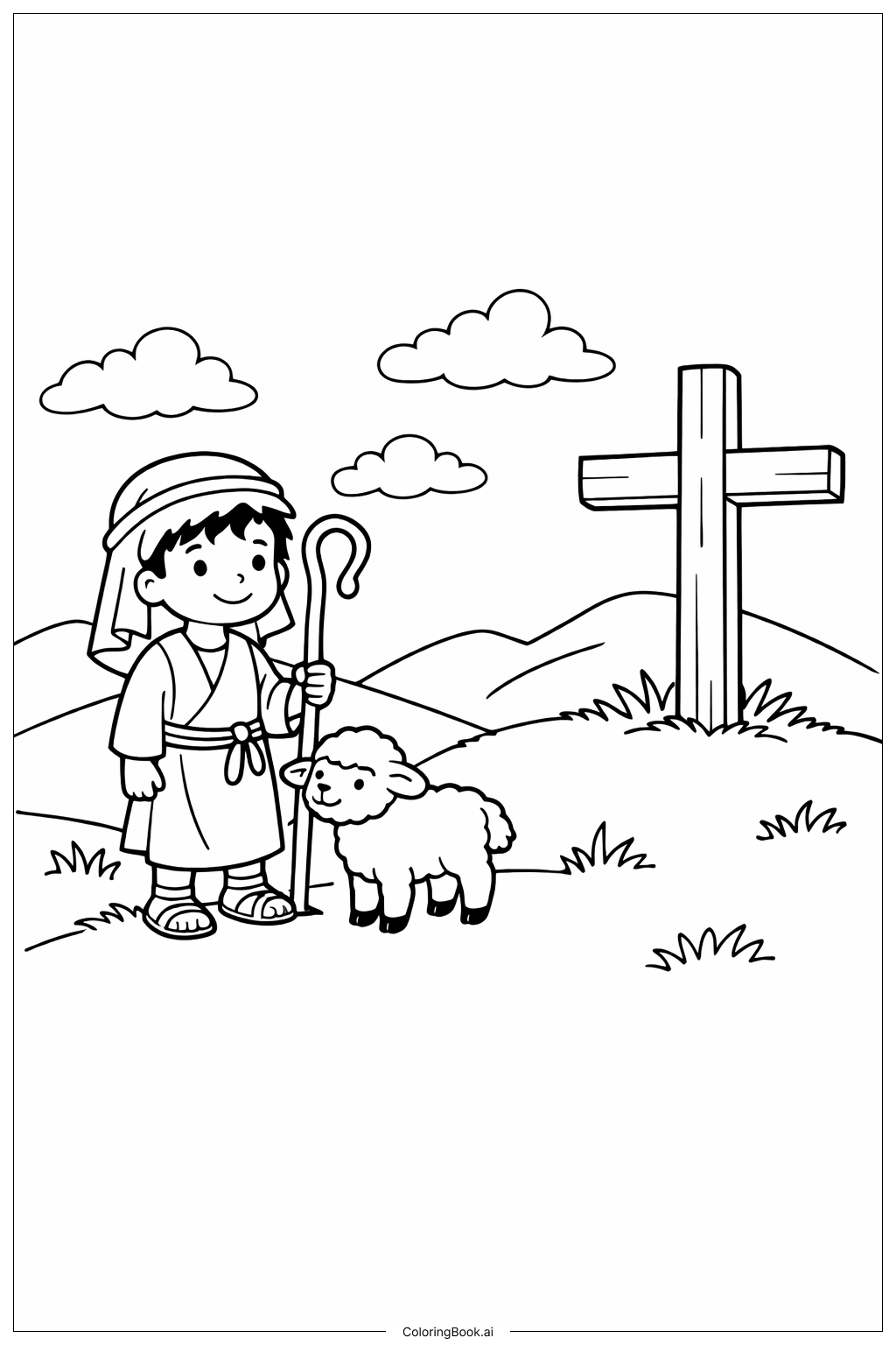  グッドフライデーの羊飼いの少年の塗り絵ページ 
