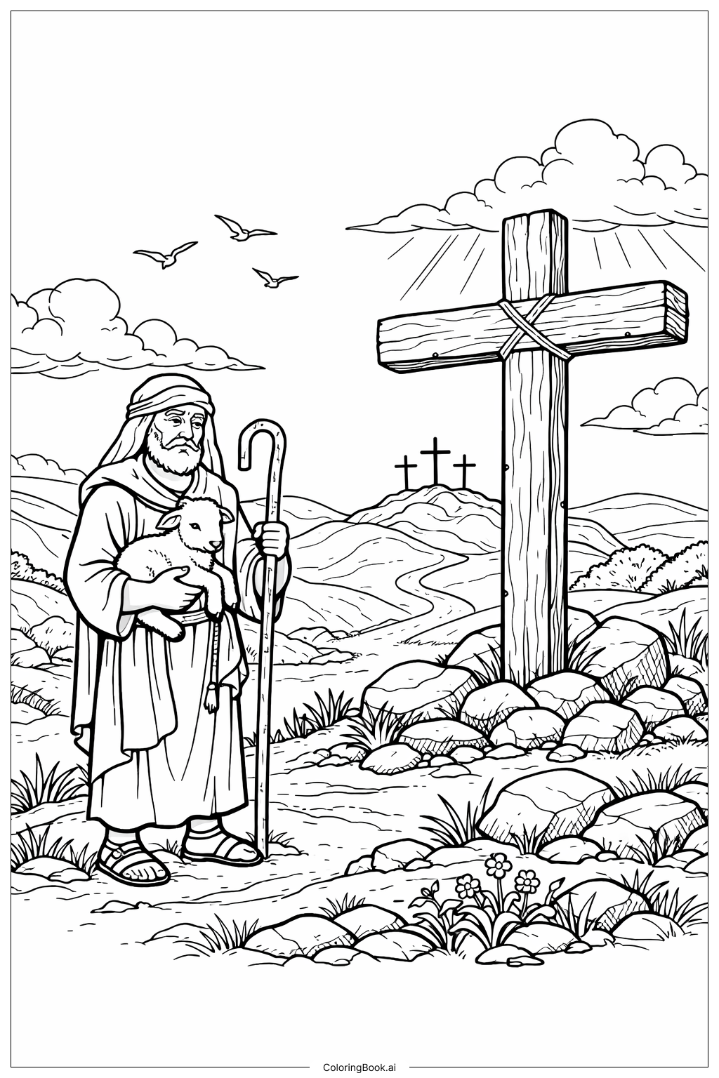  羊を抱くグッドフライデーの羊飼いの塗り絵ページ 