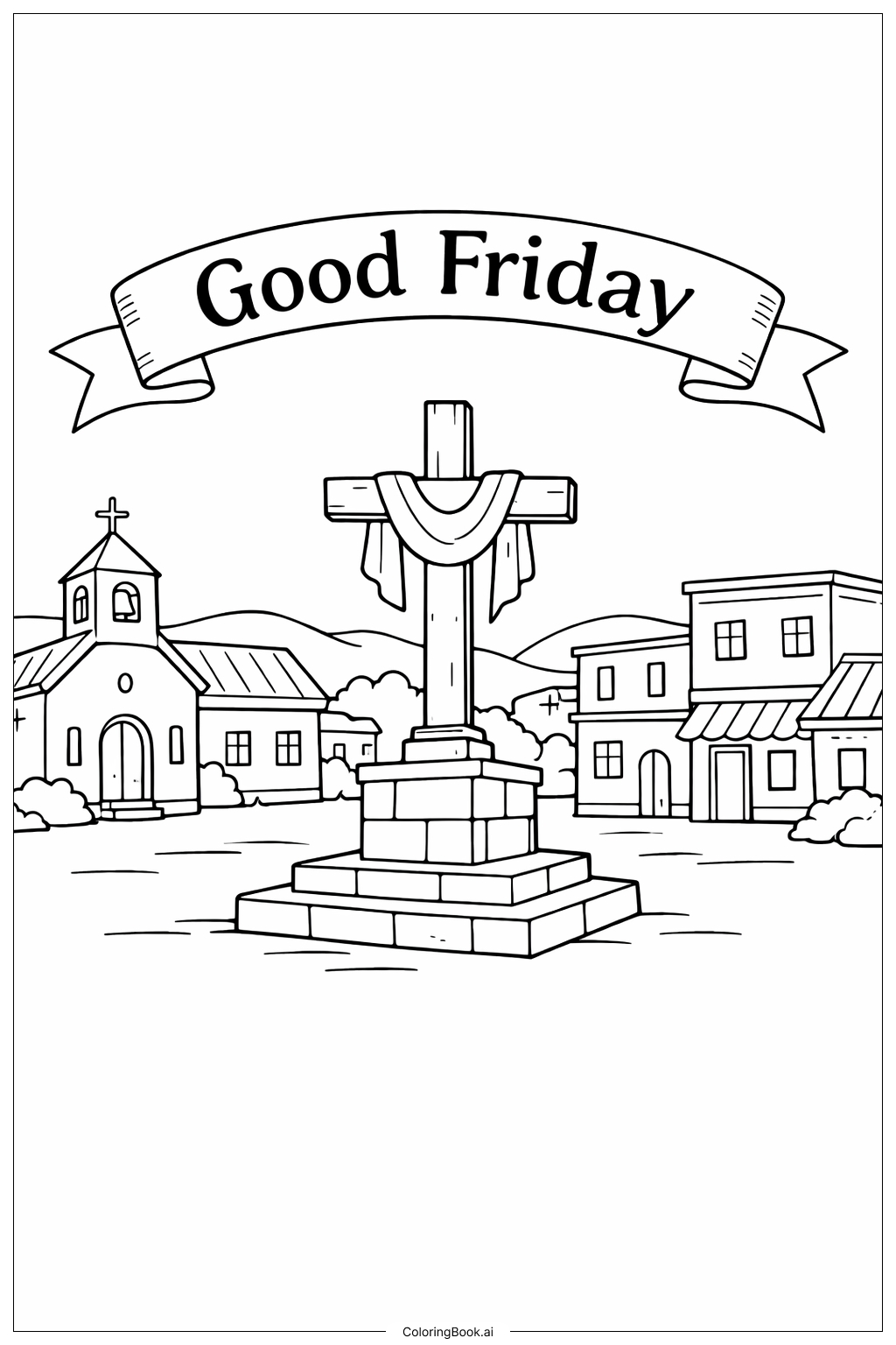  グッドフライデータウンバナーの塗り絵ページ 