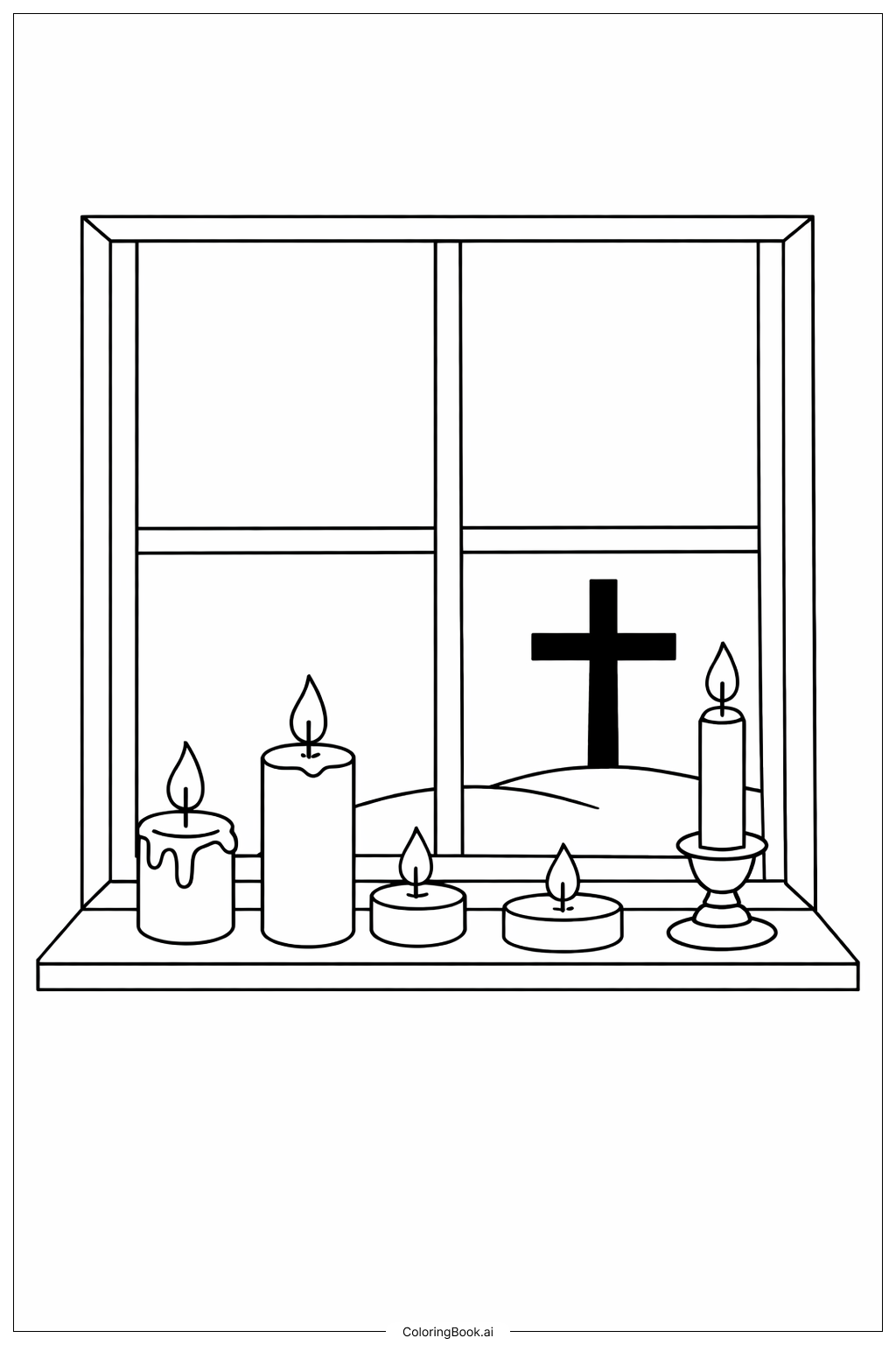  グッドフライデーの窓辺のろうそくの塗り絵ページ 