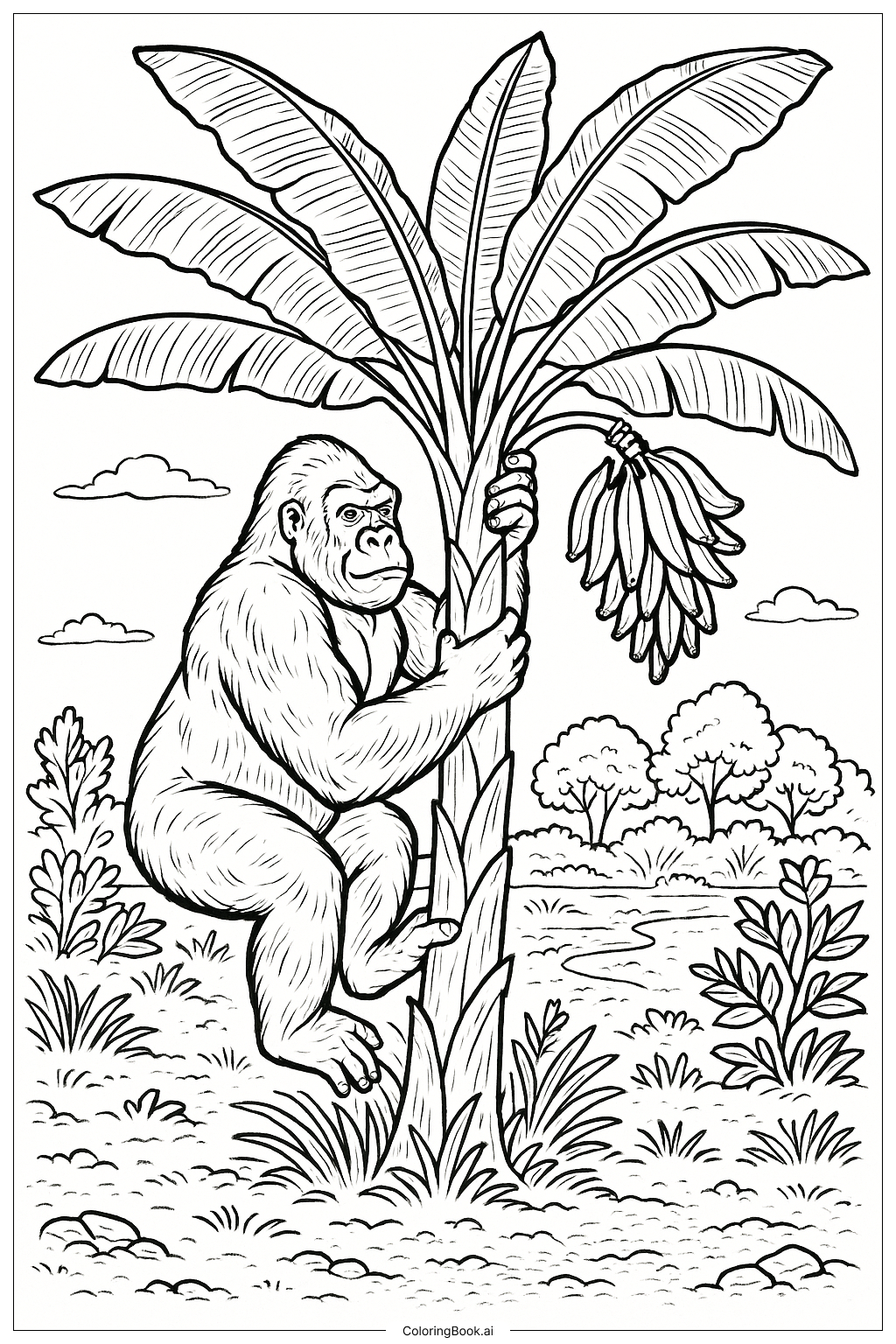 大猩猩在黄昏时爬香蕉树填色页