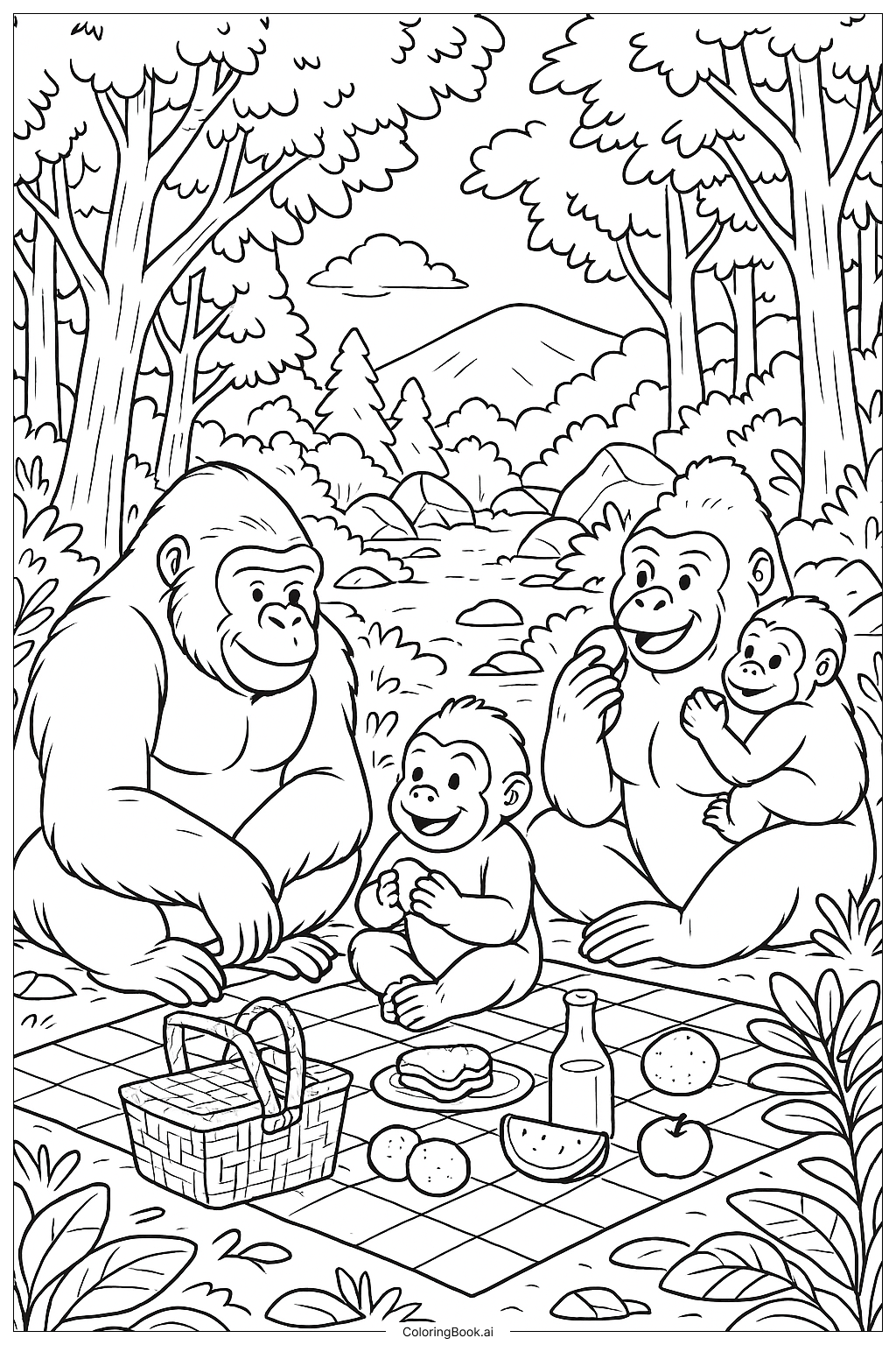  Gorilla Family Picnic In Forest Coloring Page 