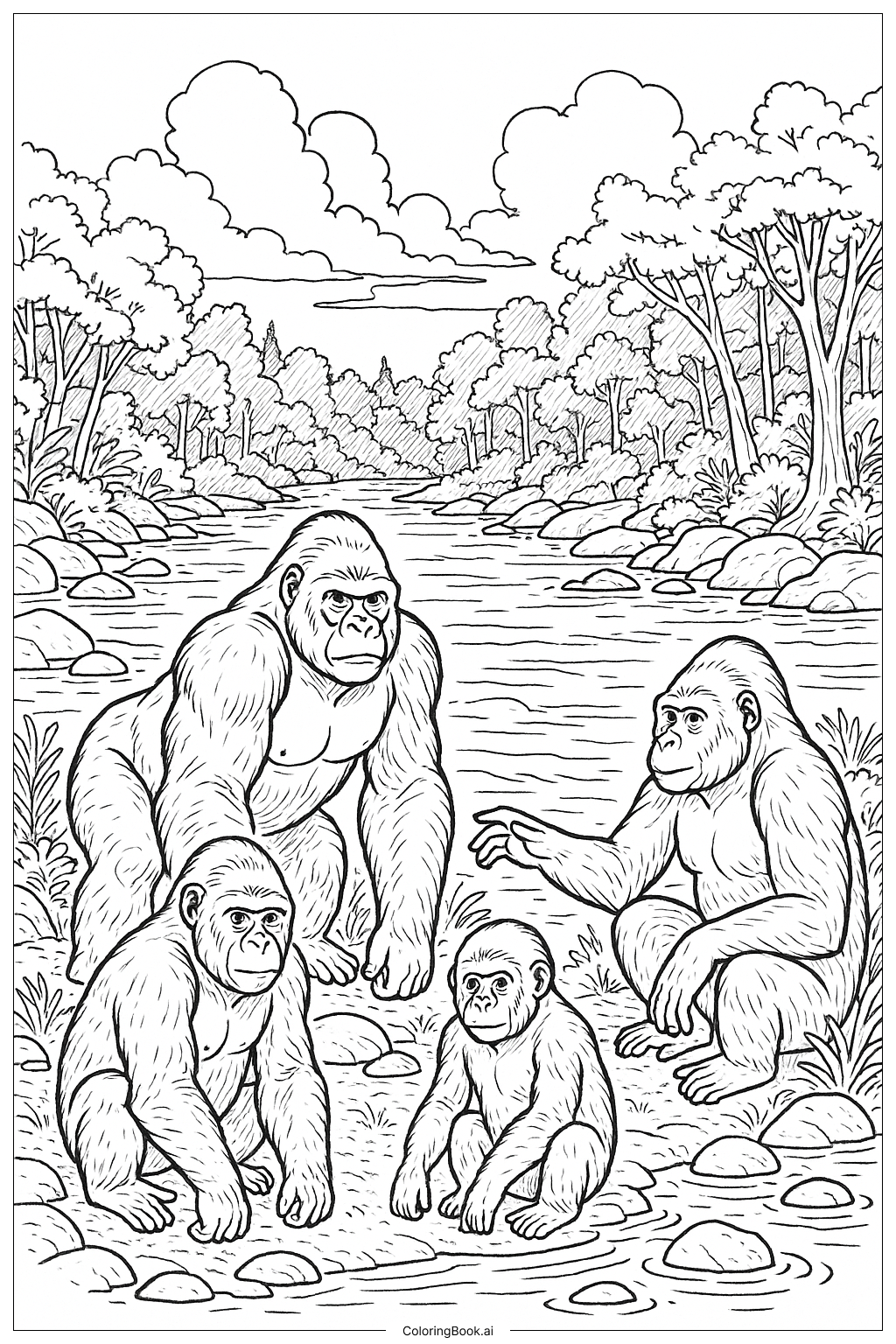  Trang tô màu Nhóm Khỉ Đột Bên Bờ Sông 