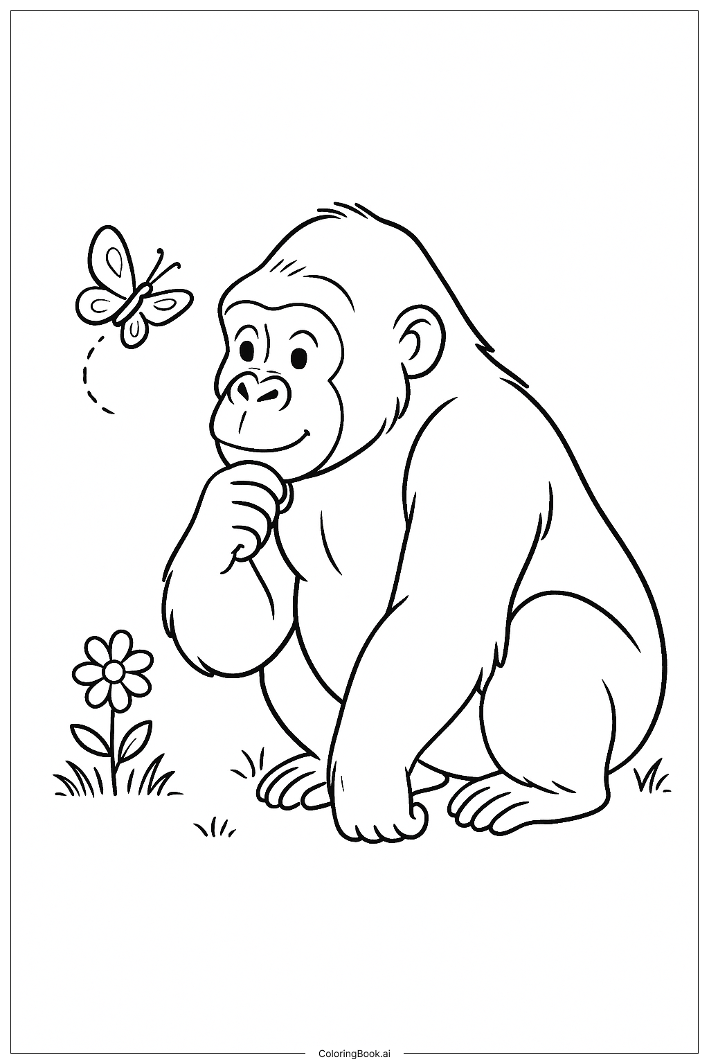 Page de coloriage Gorille regardant un papillon