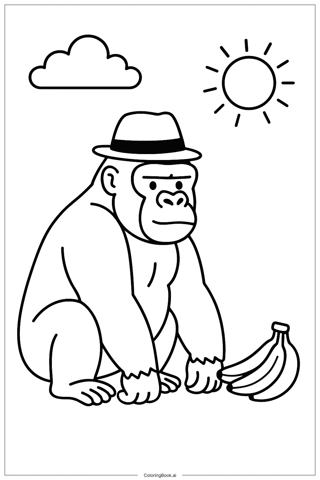 Gorilla With Hat And Bananas Coloring Page