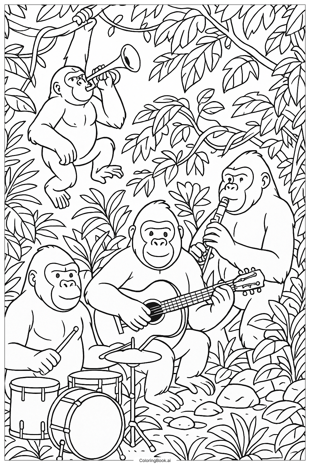  Trang tô màu Khỉ đột với ban nhạc nhạc rừng 