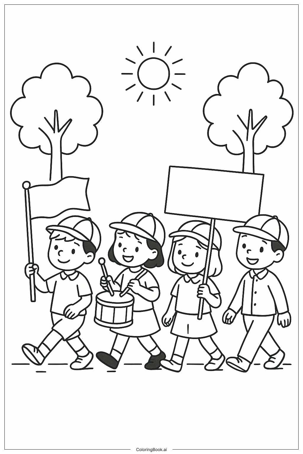Graduation Marching Kids Coloring Page