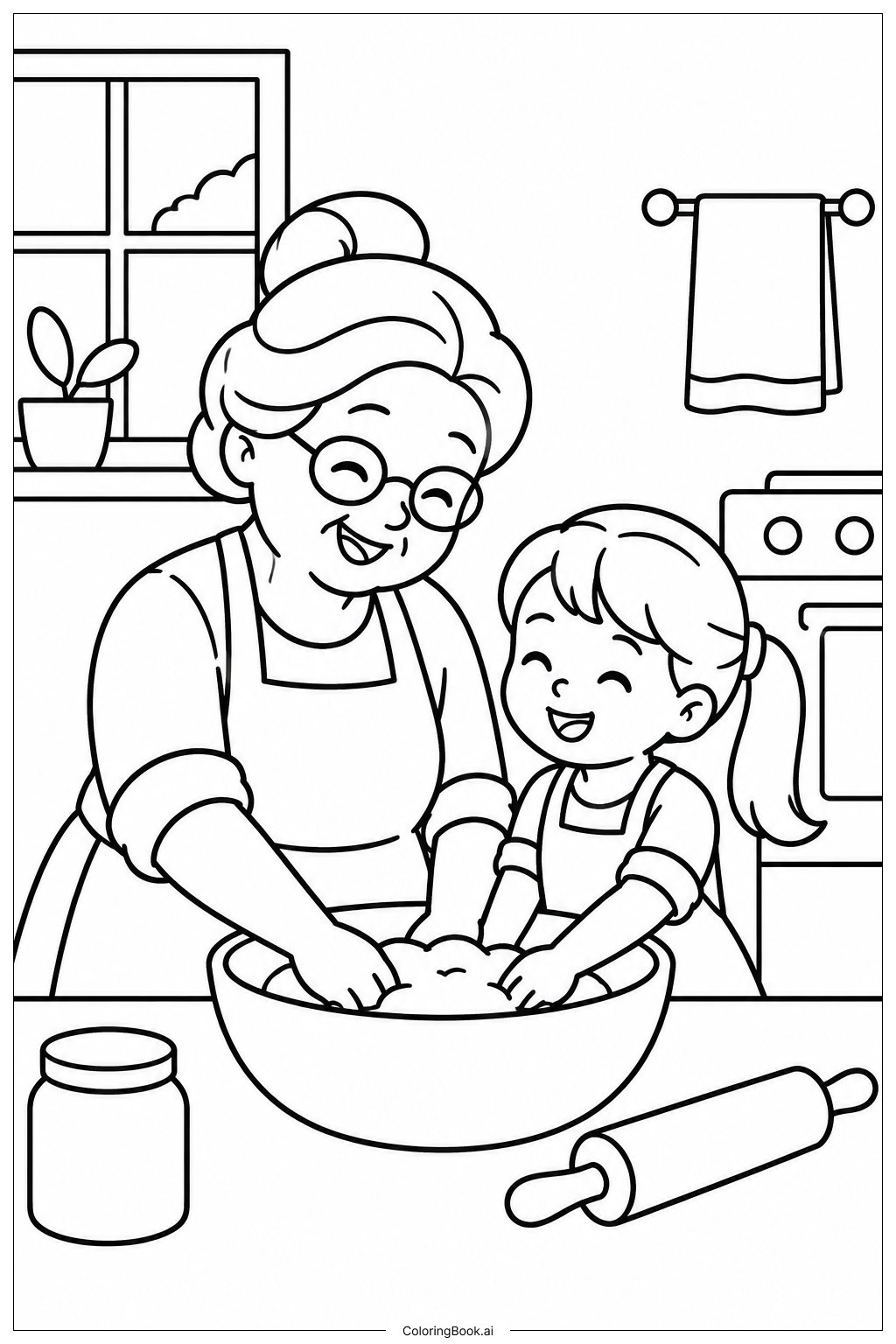 Page de coloriage Grands-parents cuisinent ensemble