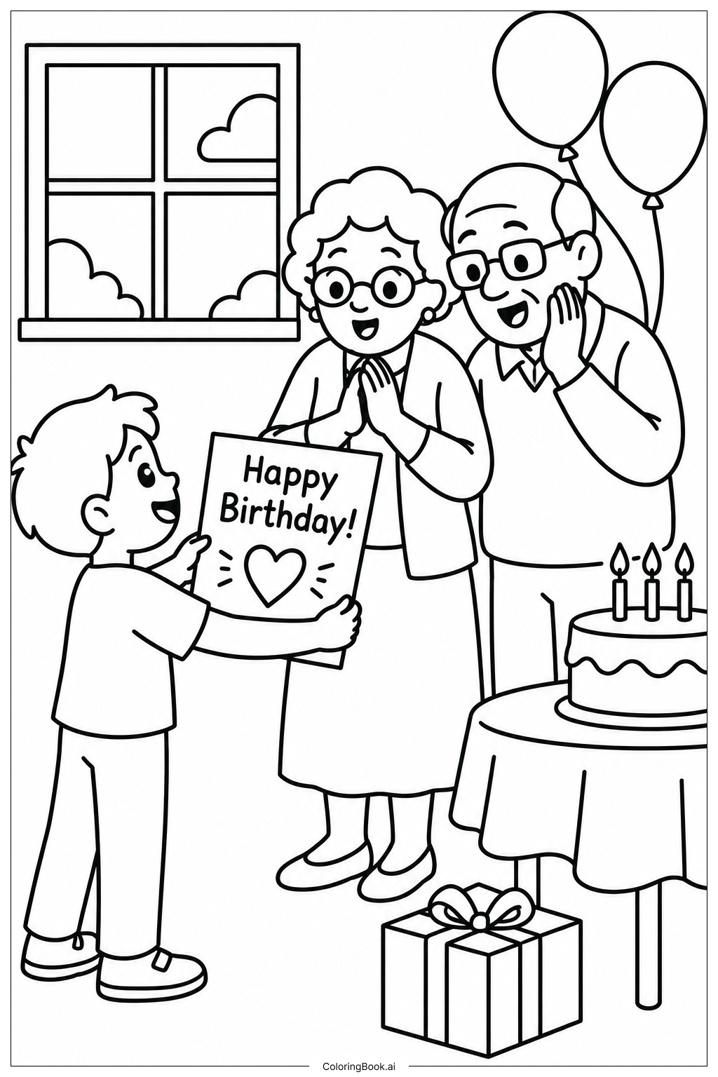 Page de coloriage Surprise d'anniversaire pour la fête des grands-parents