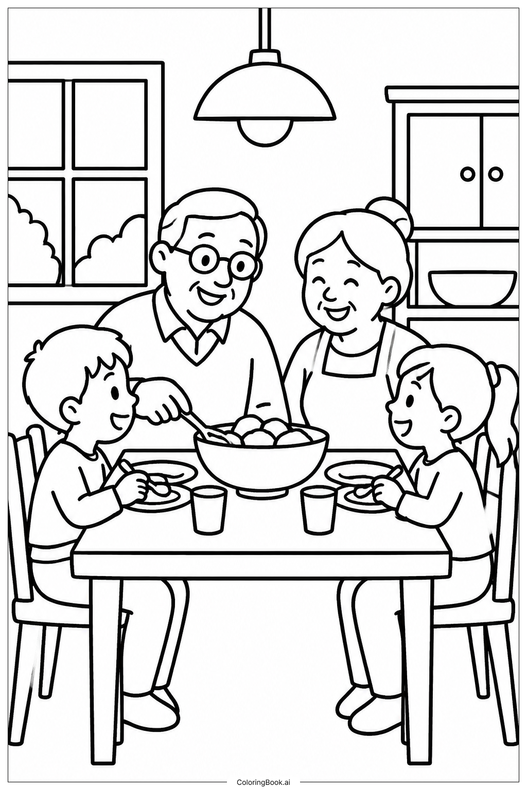 Page de coloriage Dîner de famille pour la Fête des Grands-Parents
