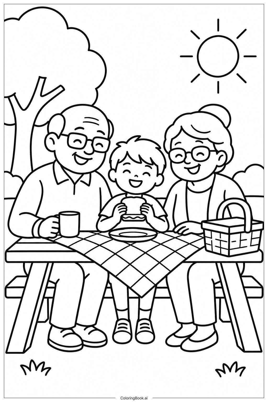 Page de coloriage Pique-nique familial pour la fête des grands-parents