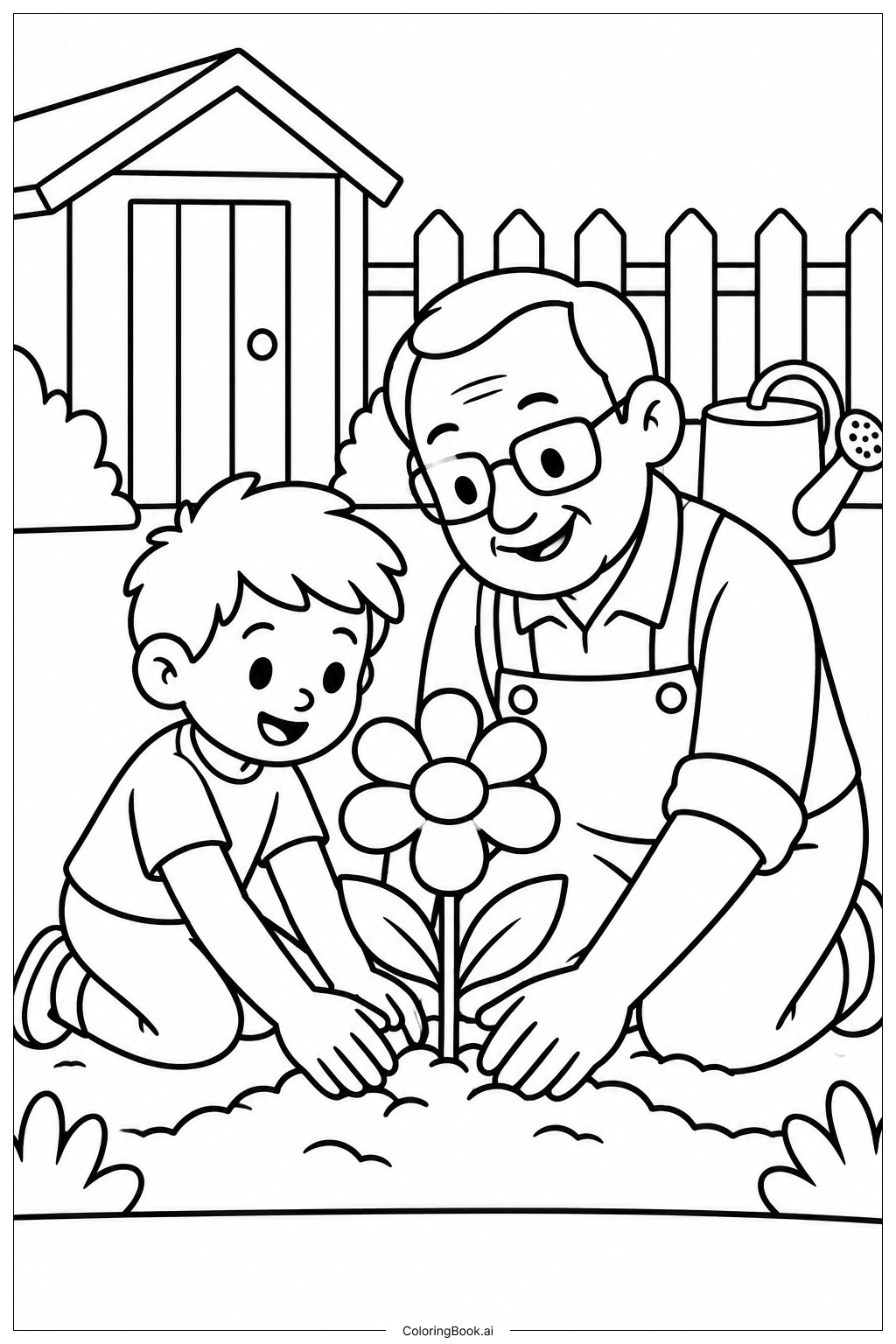 Page de coloriage Visite du jardin pour la fête des grands-parents