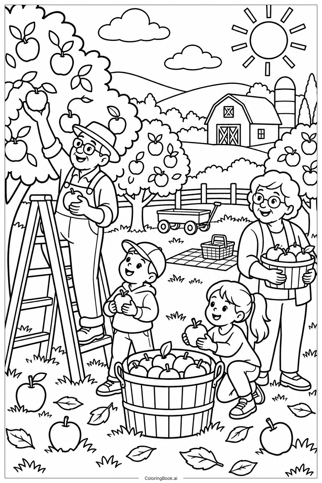 Grandparents Day Orchard Visit Coloring Page