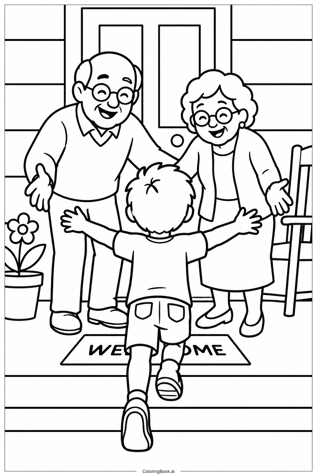 Page de coloriage Visite sur le Porche pour la Fête des Grands-Parents