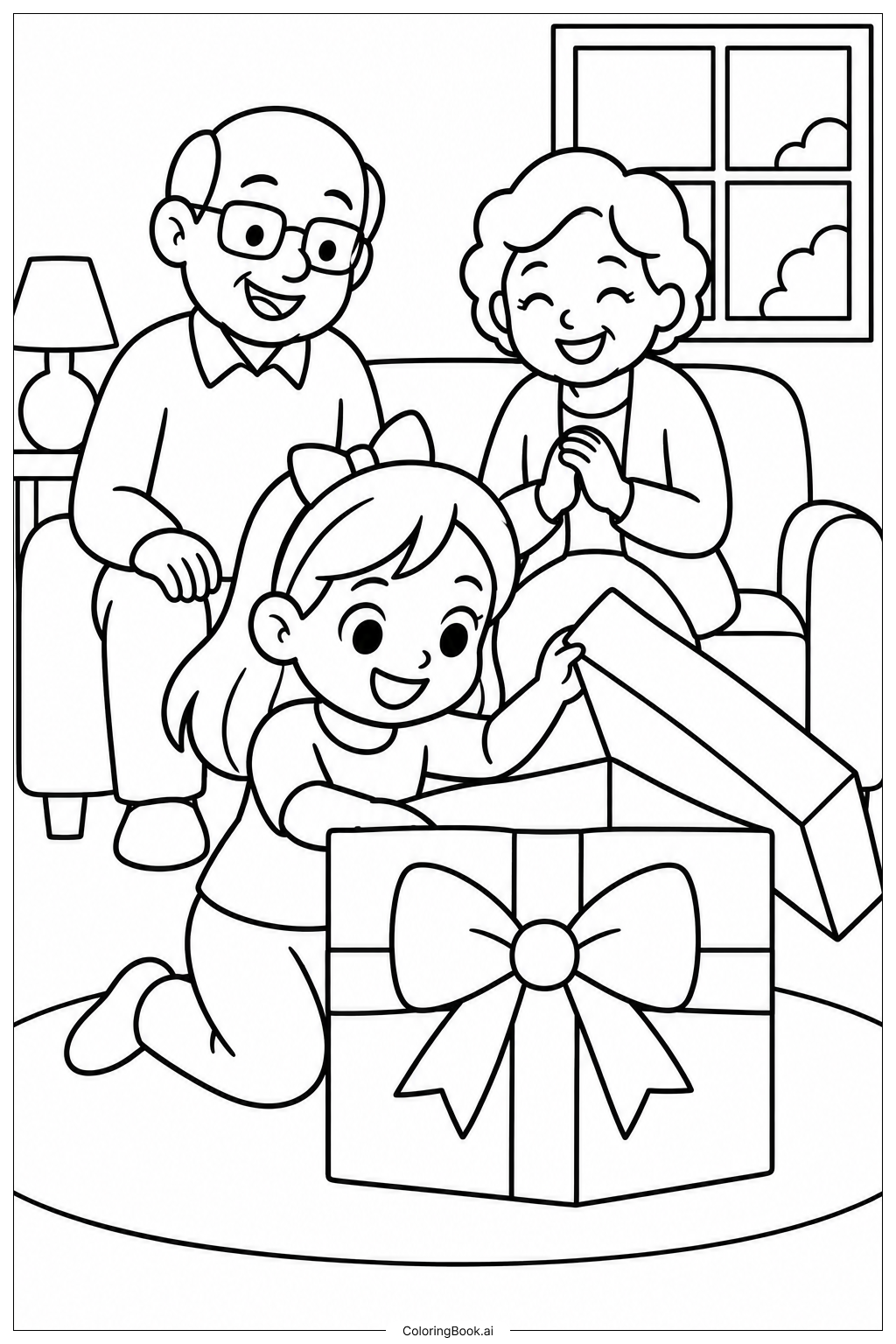 Page de coloriage Ouverture de Cadeau pour la Fête des Grands-Parents
