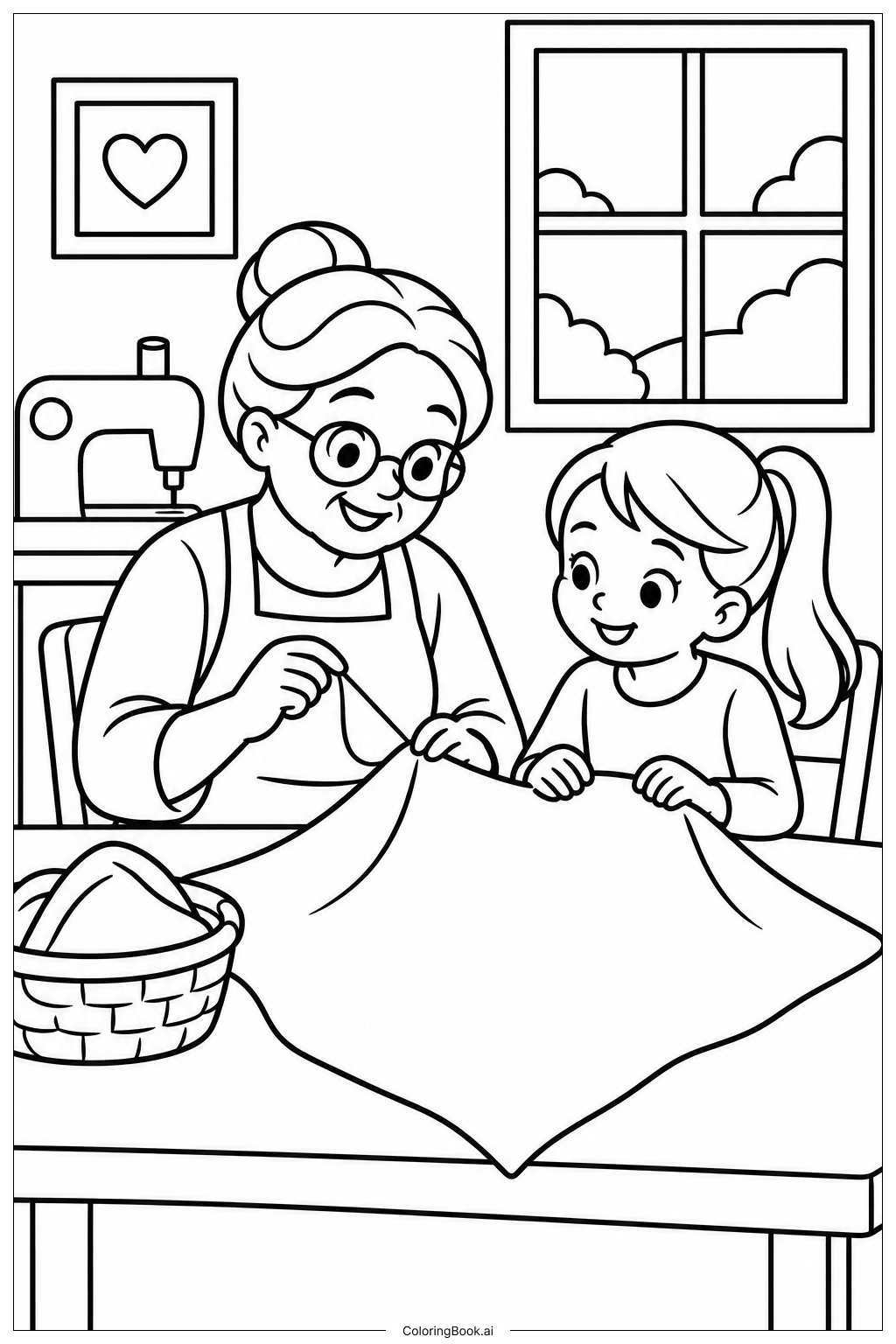 Page de coloriage Leçon de Couture pour la Fête des Grands-Parents