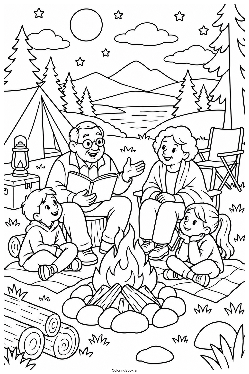 Grandparents Day Storytelling Campfire Coloring Page