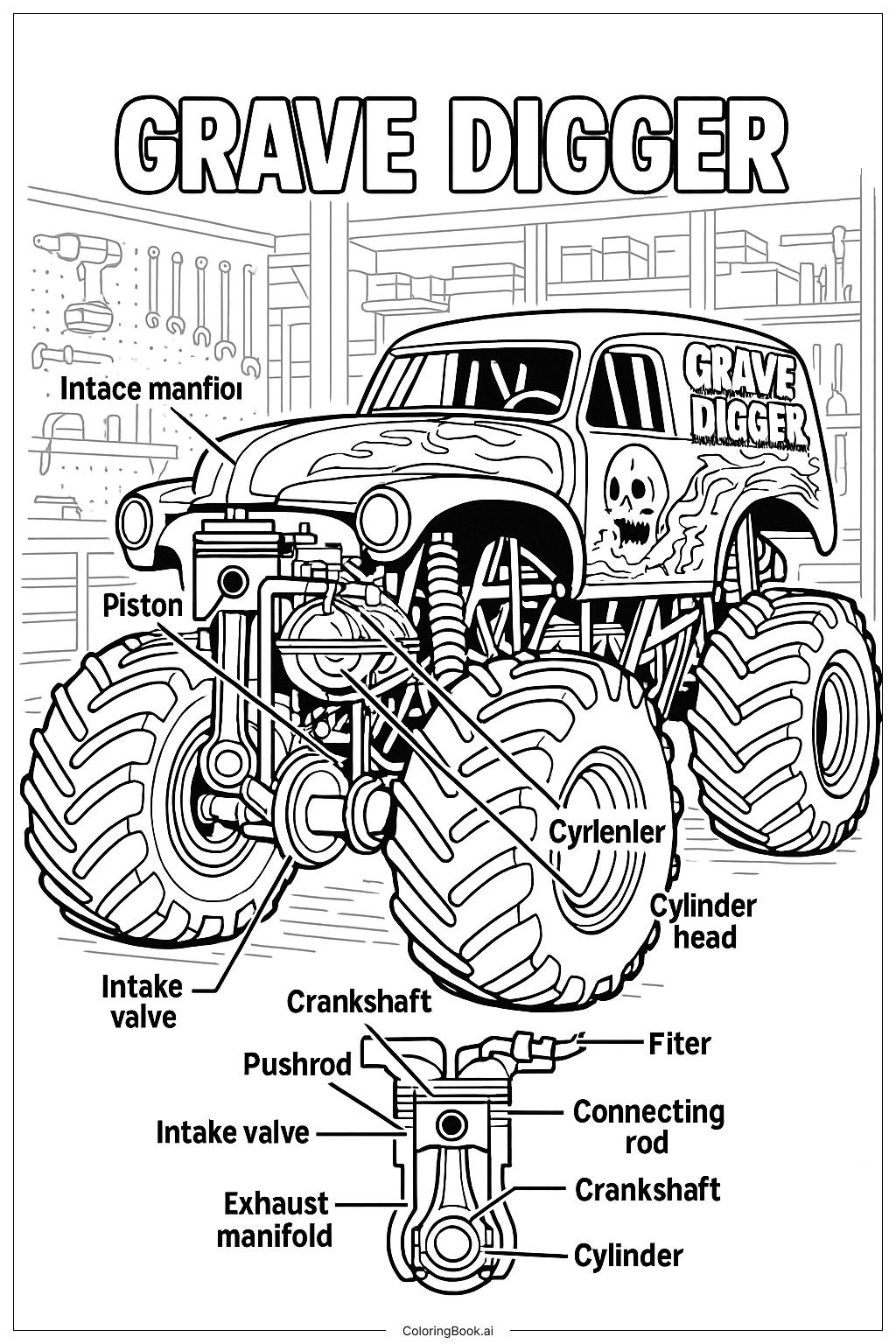  Querschnitt des Grave Digger Motors Ausmalseite 