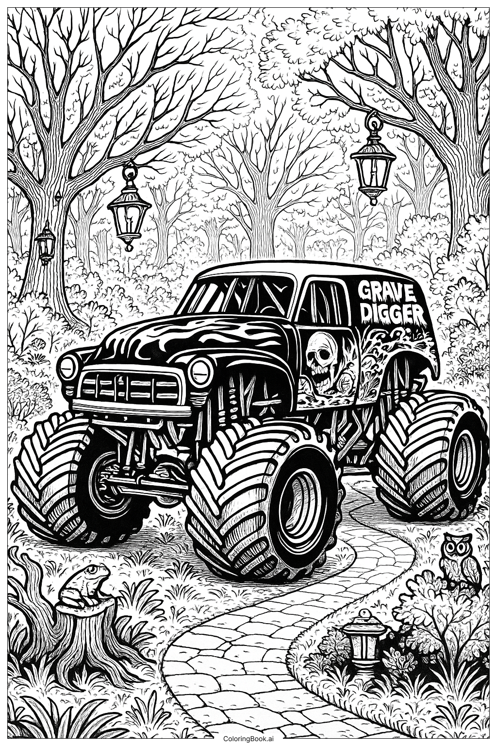  鬼花园里的挖墓车填色页 