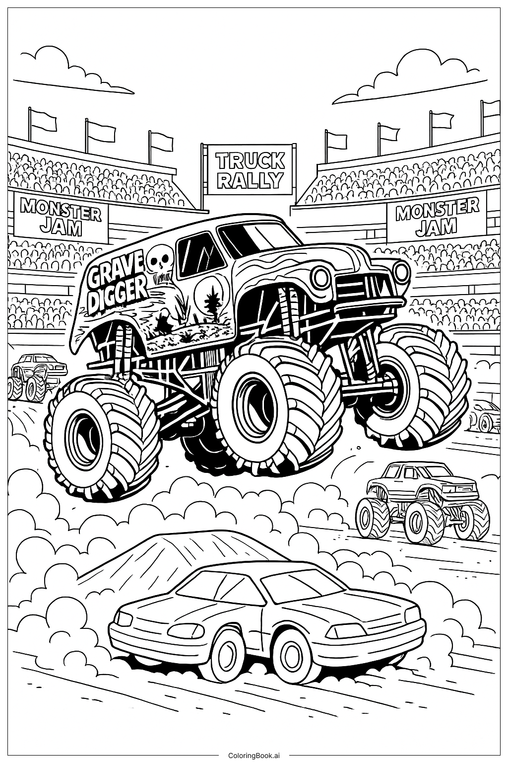  Página para colorear de Escena del Rally de Camiones Monstruo Grave Digger 