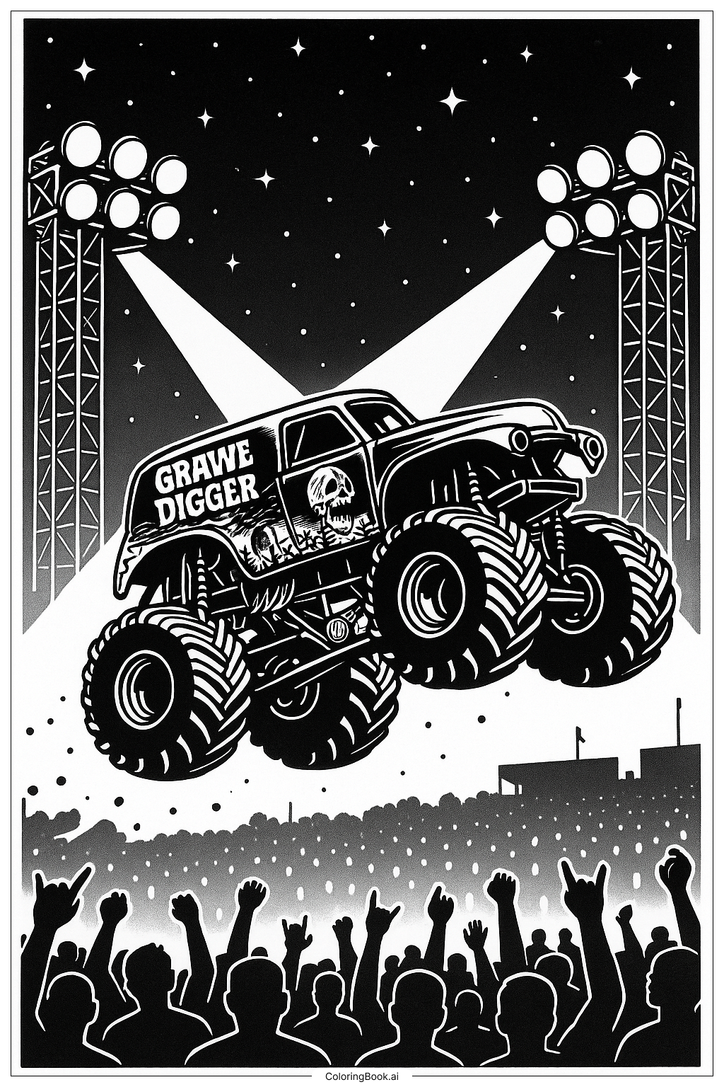  Página para colorear de Grave Digger Rally Nocturno con Luces 