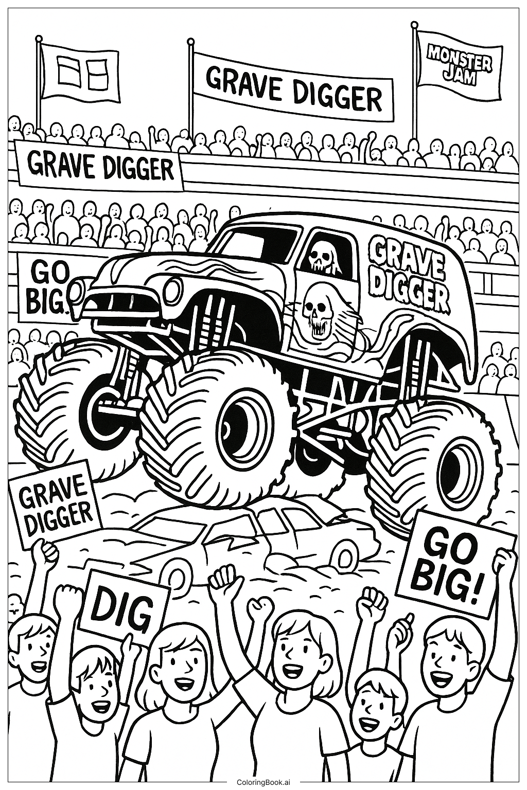  Página para colorear de Excavadora de Tumbas Rodeada de Fans 