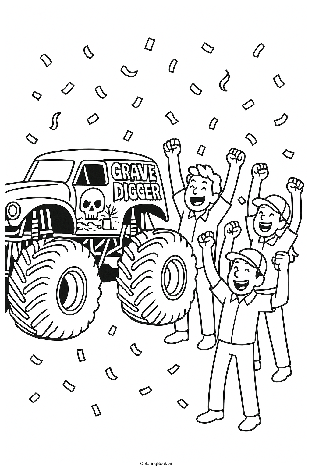  Página para colorear de Celebración del Equipo Grave Digger 
