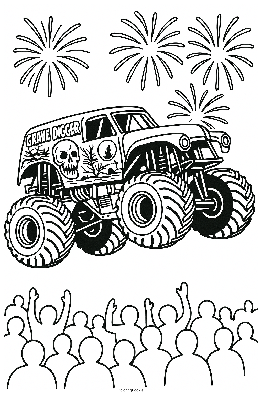  Página para colorear de Excavadora Fantasma con Fuegos Artificiales 