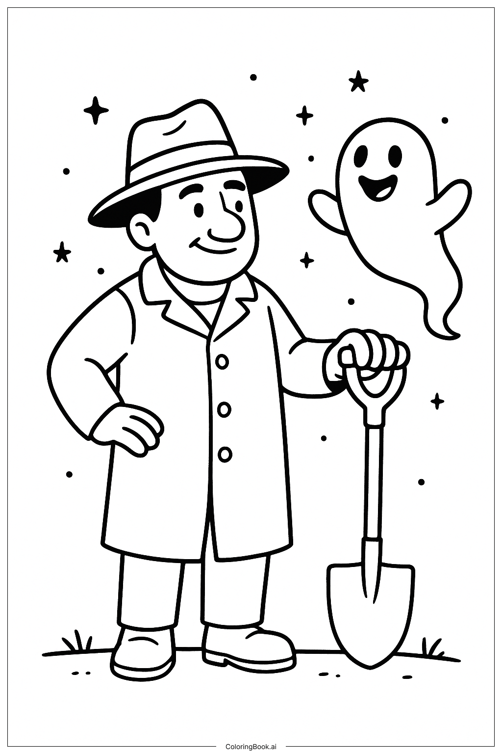  Página para colorear de Cavador de Tumbas con Fantasma Amigable 