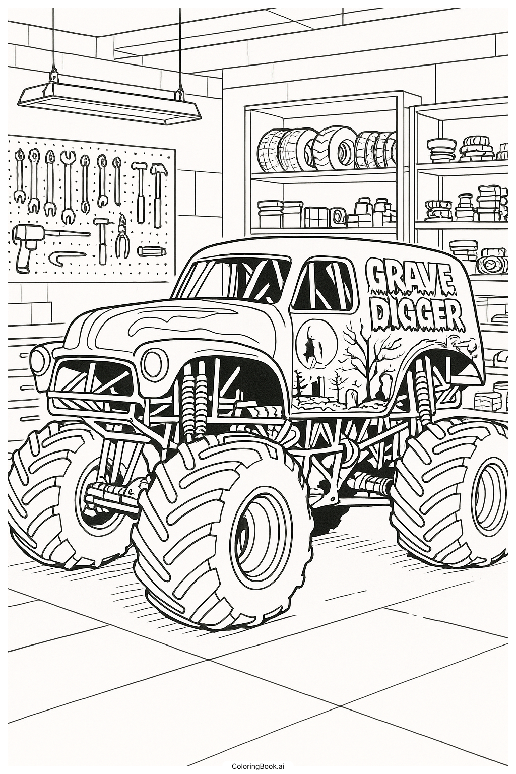  Grave Digger Werkstatt mit Werkzeugen Ausmalseite 