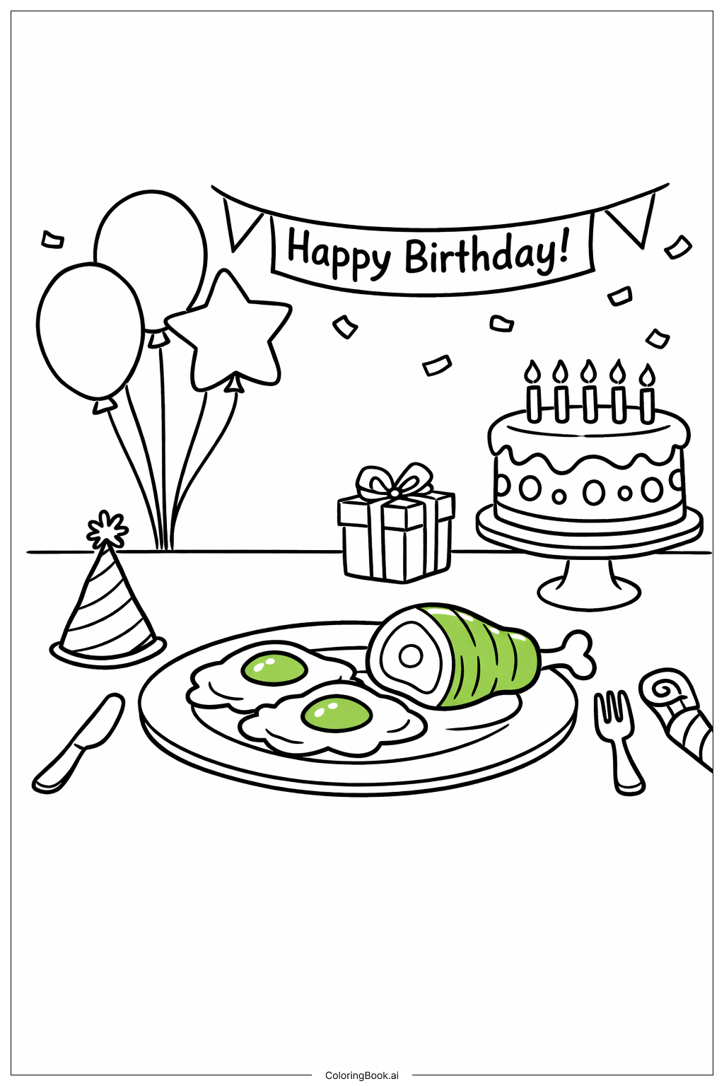 그린 에그와 햄 생일 색칠공부 페이지
