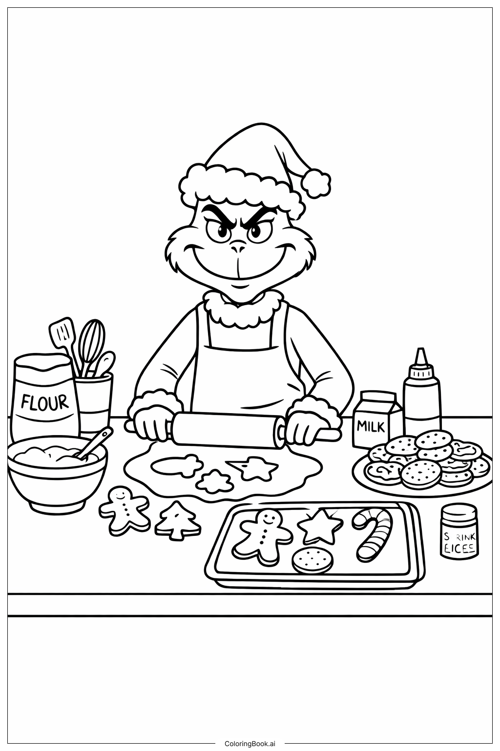 グリンチのクリスマスクッキー作りの塗り絵ページ 