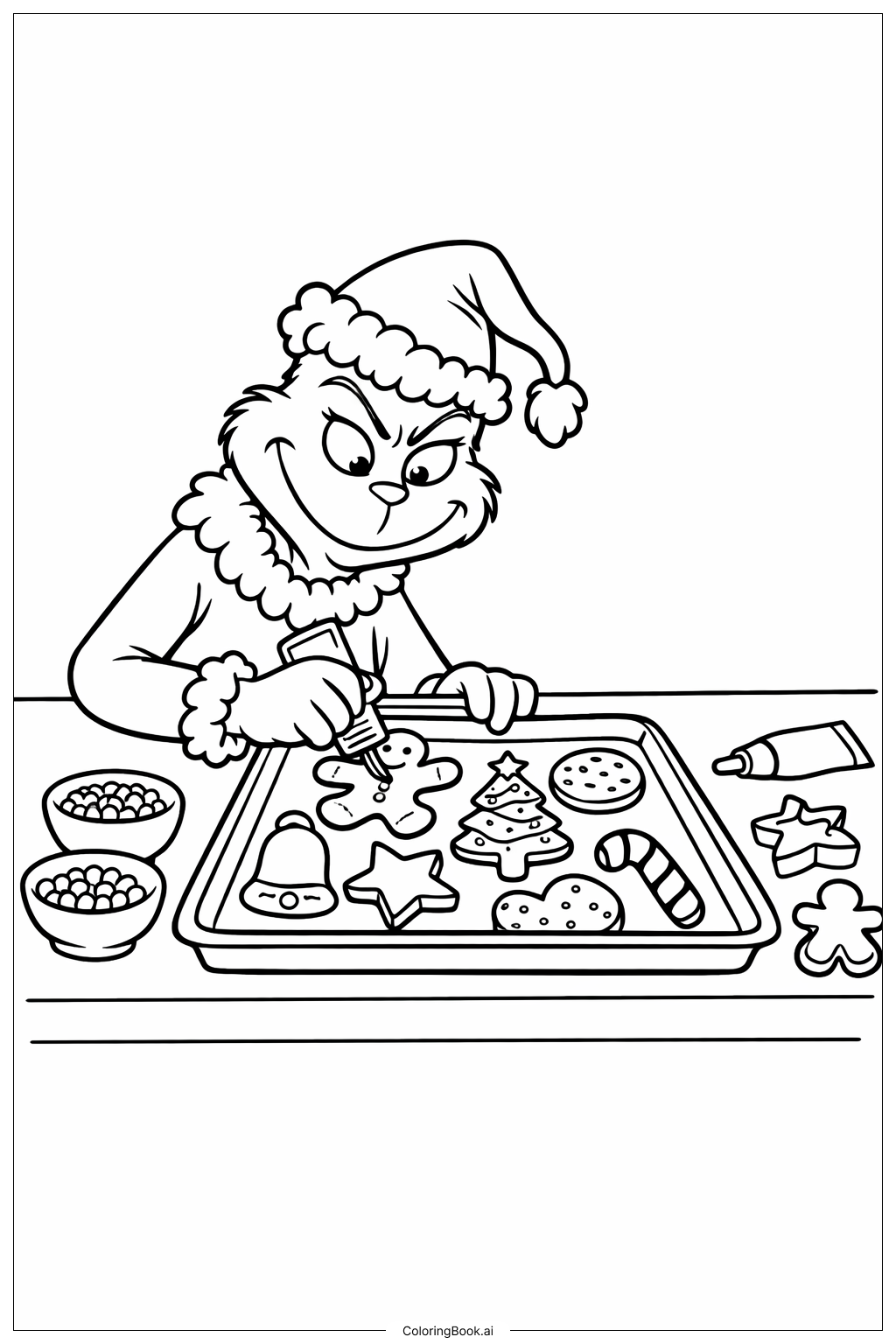  グリンチのクリスマスクッキーのデコレーションの塗り絵ページ 