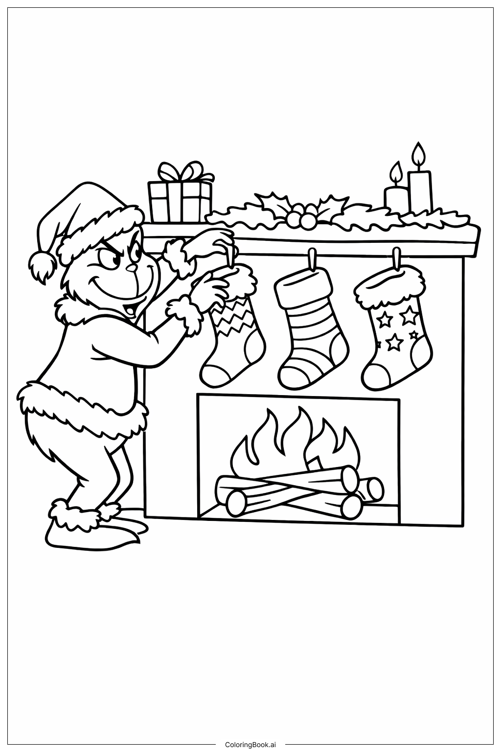  グリンチのクリスマス吊るし靴下の塗り絵ページ 